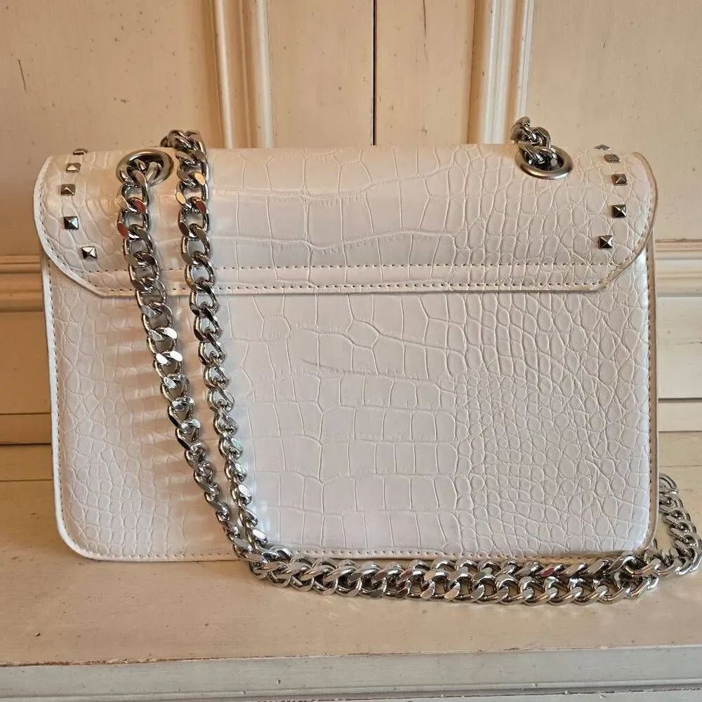 Badgley Mischka White Croc Studded Cross Body Shoulder Bag Purse